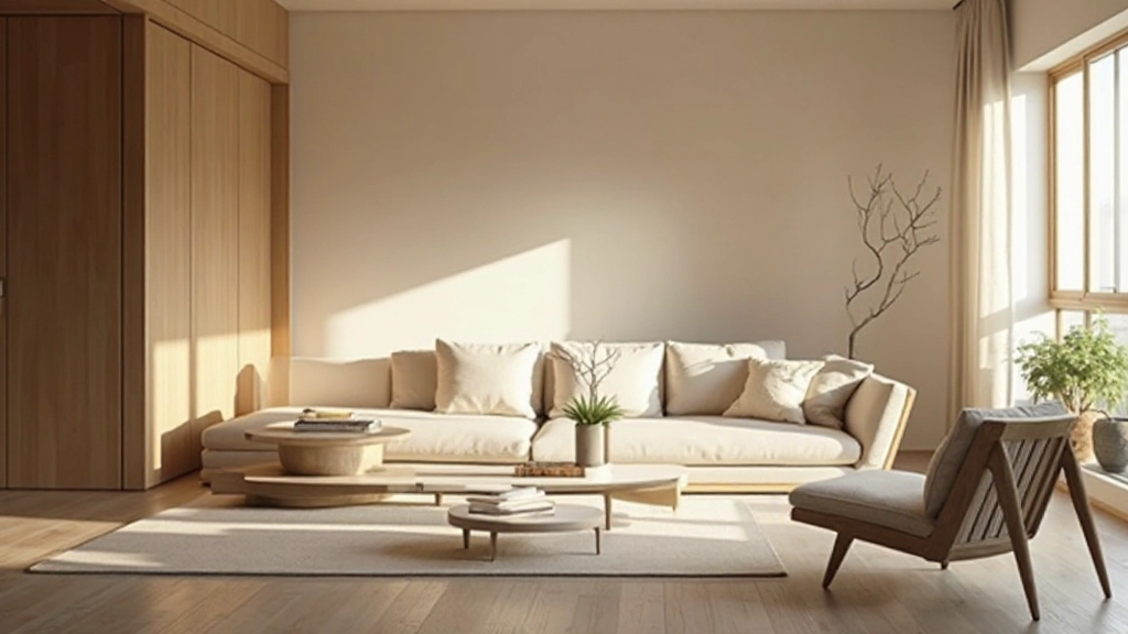完成されたミニマリスト空間、和風と現代デザインの融合、落ち着いた照明、調和した配置