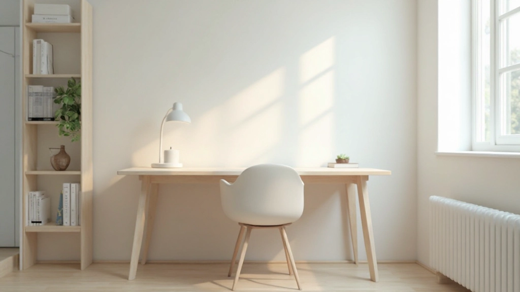 ミニマリストな作業スペース、シンプルな机、1つのスタンドライト、白い壁、木製の床、整理整頓された環境