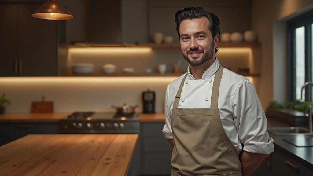 キッチン空間に段階的に配置された照明が作る明るさと質感を示すプロフェッショナルな写真