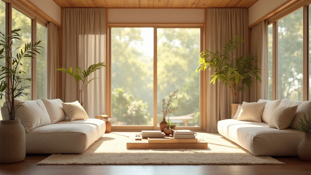 優雅なリビング空間で自然光が入る室内、シンプルで洗練された家具配置